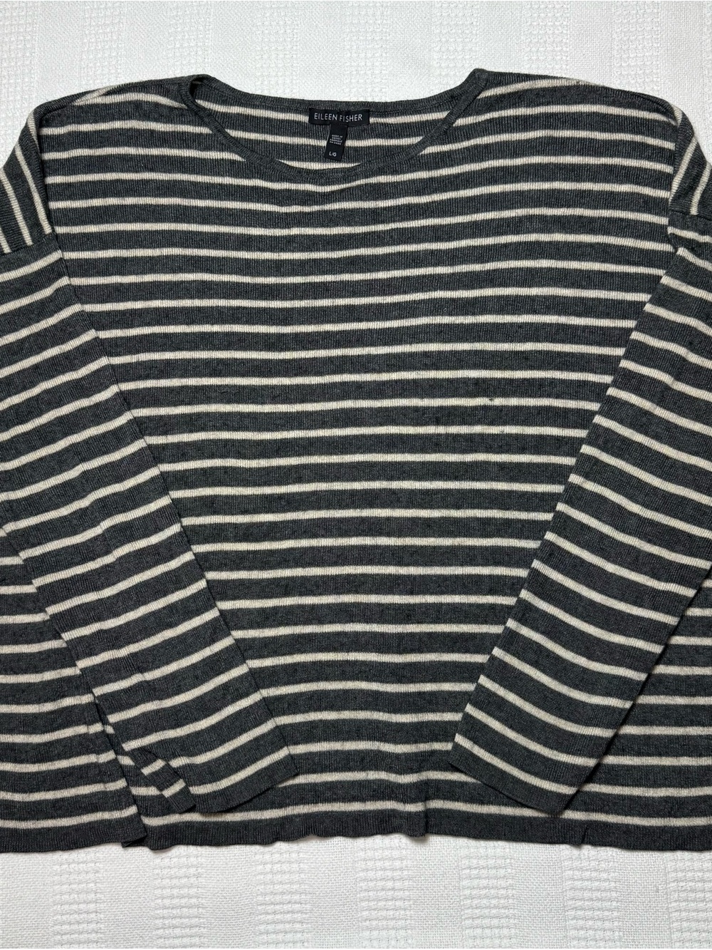 Eileen Fisher Striped Round Neck Box Top Tencel Merino Wool Gray Cream L - Picture 5 of 7